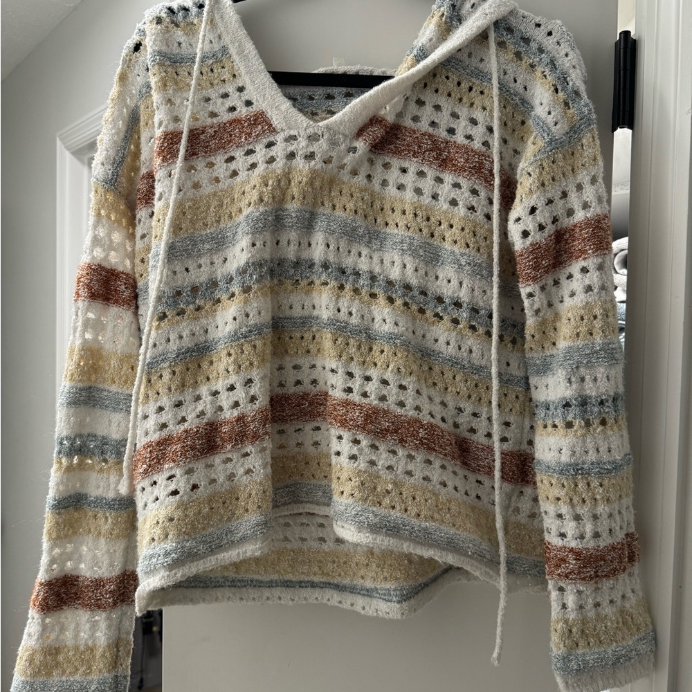 BKE V-Neck Sweater with Cream, Gold, and Rust Stripes